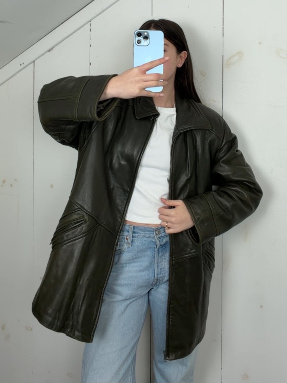 Vintage Danier Green Leather Jacket Women’s Size Medium Mid Length Full‎ Zip 90s
